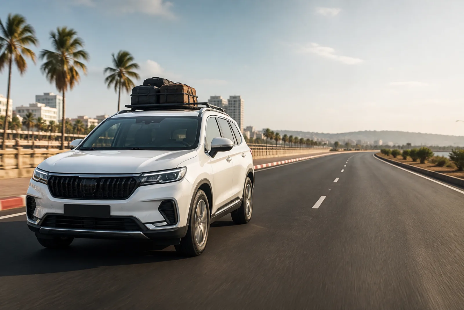 SUV familial sept places sur une route côtière près de Dakar